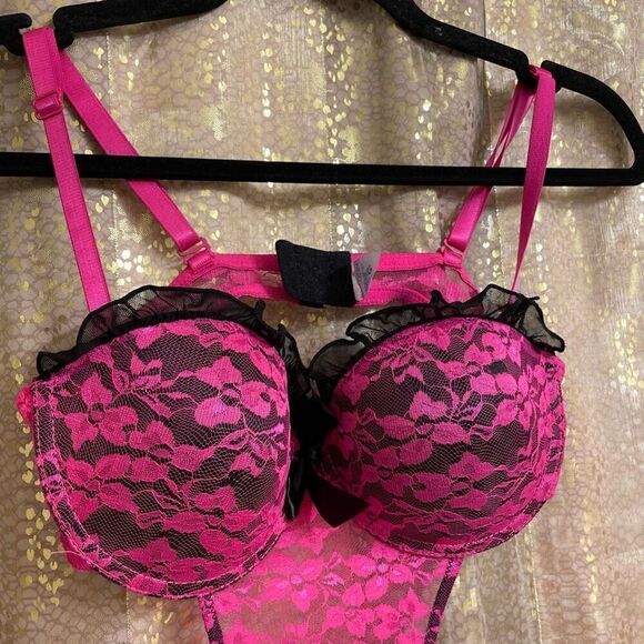 Hot Pink Black Lace Padded Push Up Tie Back Baby Doll Lingerie Med NWOT - Picture 3 of 8